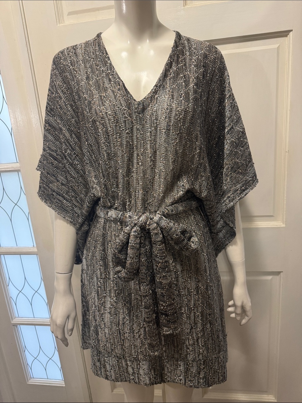 ALEXIS Knit V-Neck Belted Tunic Dress in Black & Gray Size XSMALL
